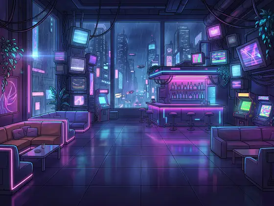 The Tavern, a neon-lit bar with arcade machines